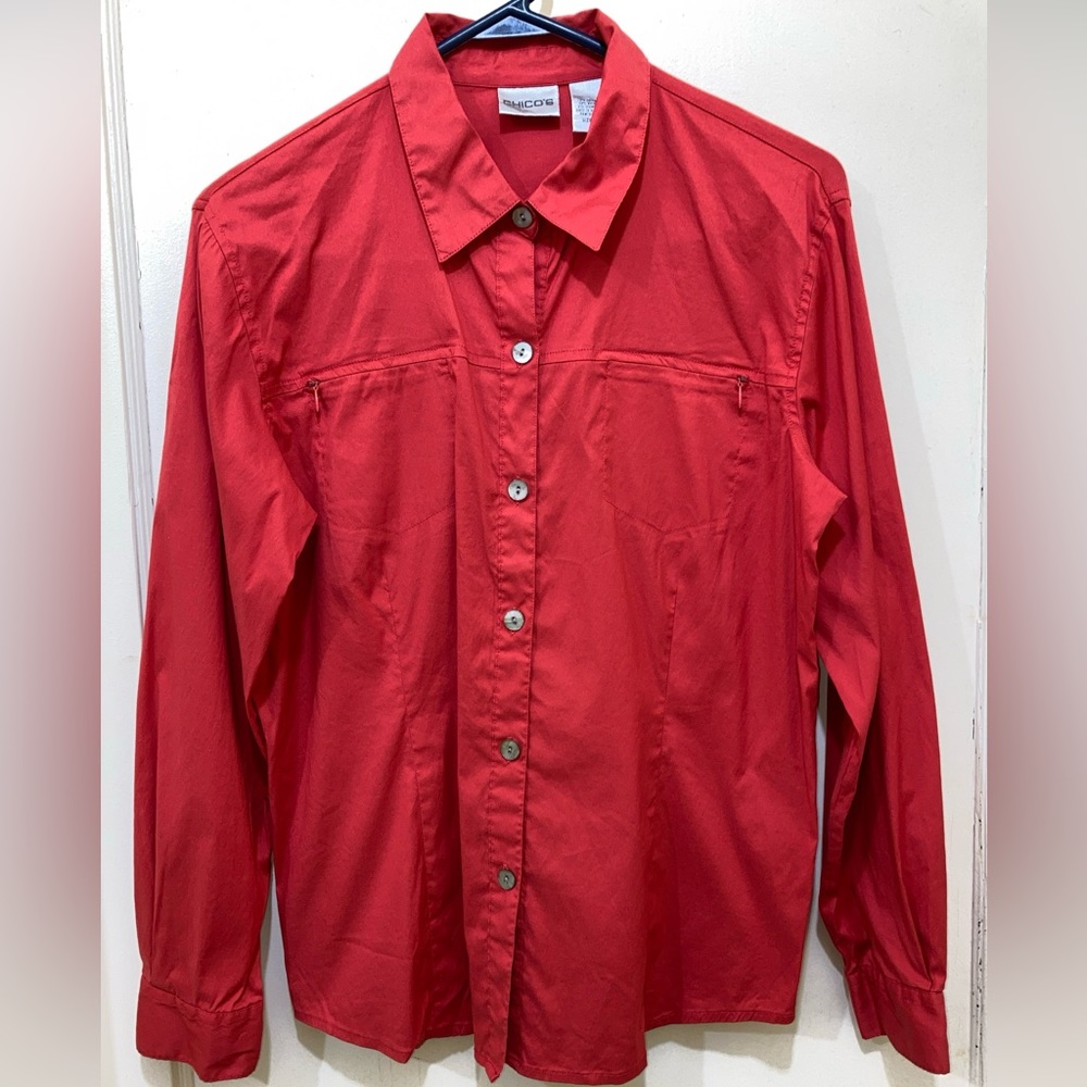 Chicos Women's Button Down Shirt Long Sleeve US Size 1 Red cotton Blend Stretch
